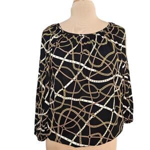 Michael Kors MK Logo Chain Link 3/4 Sleeve Blouse Small Black Gold Career Office